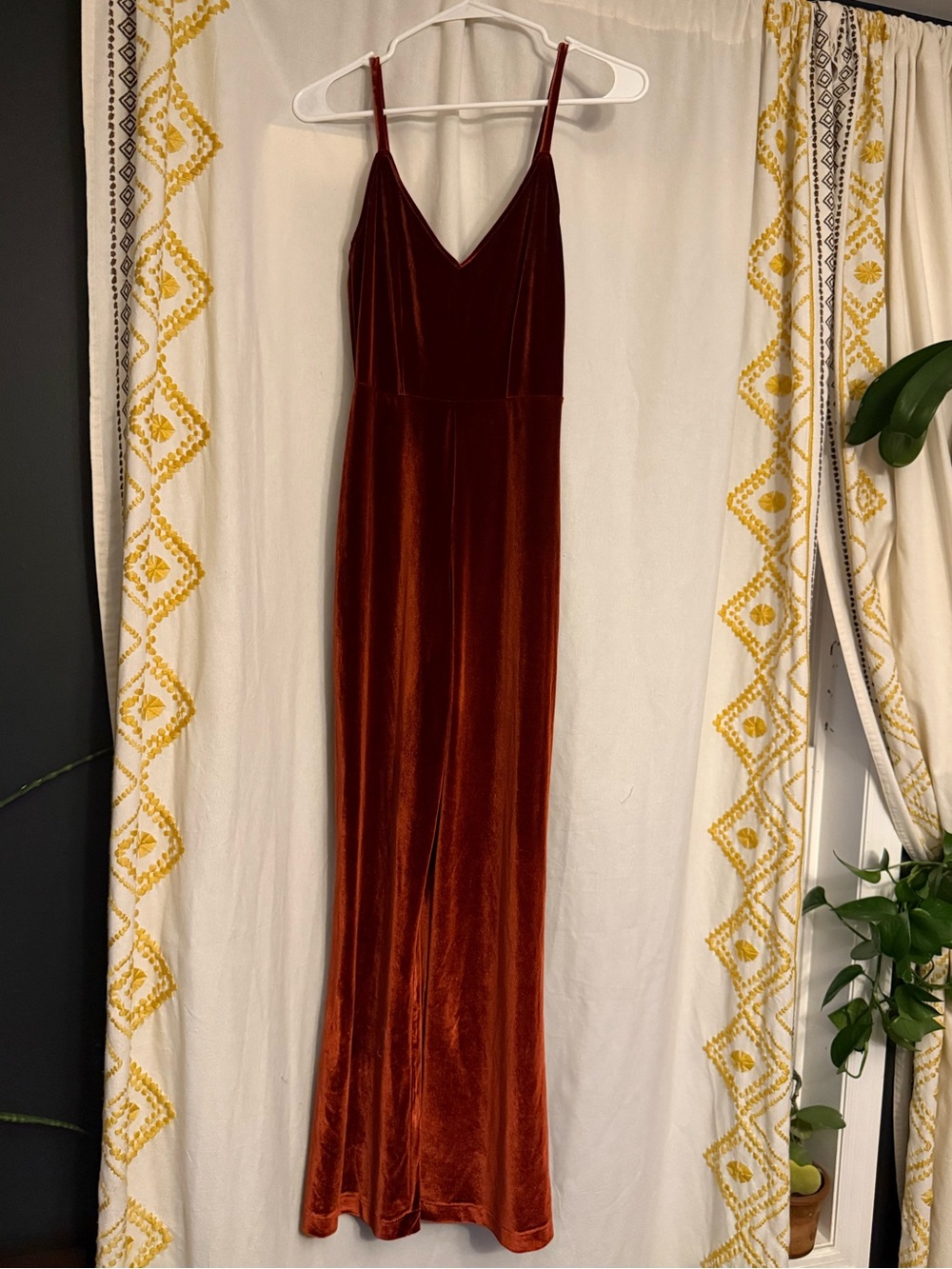Velvet Slip Jumpsuit in Rust - Elegant V-Neck